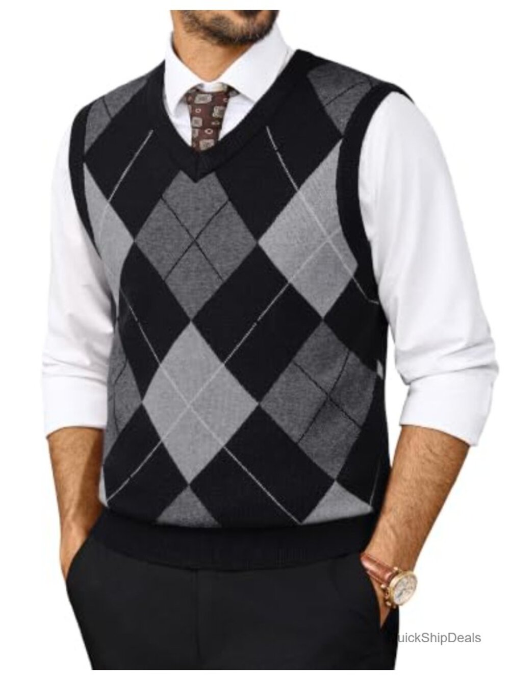 Mens Argyle Sweater Vest V-Neck Sleeveless Knit Pullover Regular Fit